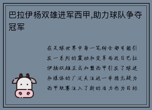 巴拉伊杨双雄进军西甲,助力球队争夺冠军