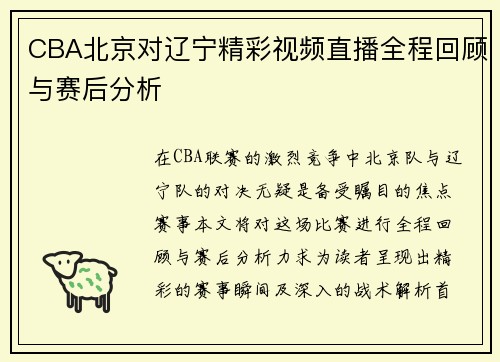 CBA北京对辽宁精彩视频直播全程回顾与赛后分析